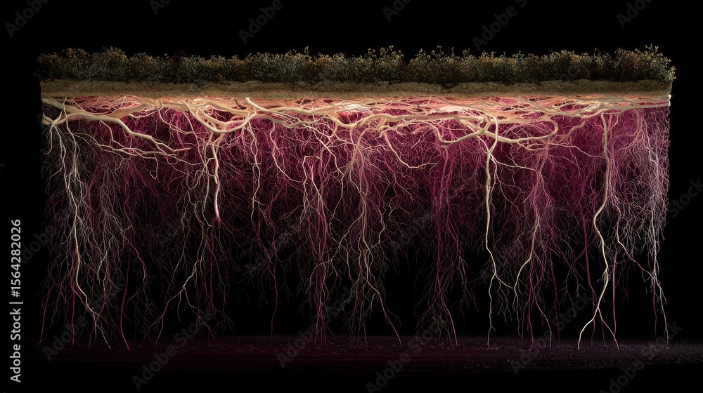 Poster detailed subterranean root network extending from a layer of soil.