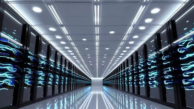 High-Tech Data Center with Server Racks and Illuminated Pathway with ai generated