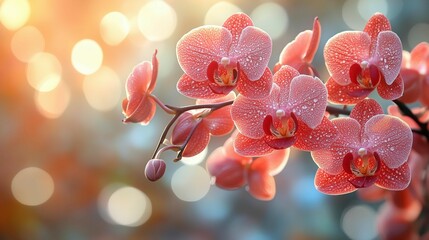 Pink orchids with dewdrops are illuminated by soft morning sunlight and a dreamy bokeh background.