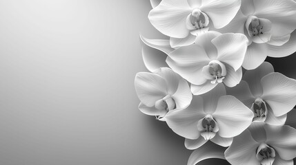 Fototapeta na wymiar Elegant white orchids arranged on the right side against a smooth gray gradient background.