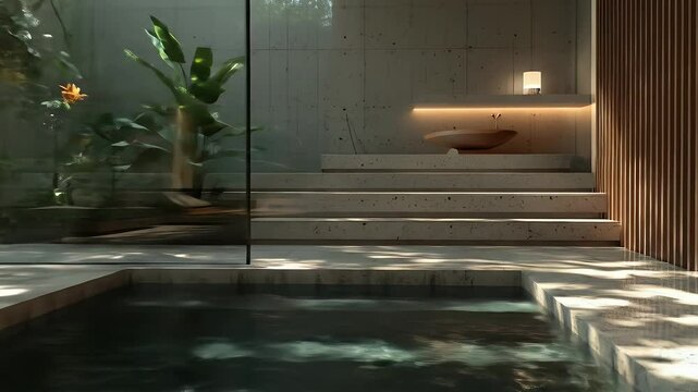 Luxurious Indoor Spa With Water Feature Stone Steps and Green Plants Bathed In Natural Light