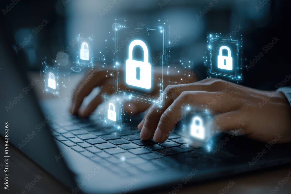 Poster an engineer typing on a laptop with security icons and a padlock floating above the keyboard, symbol