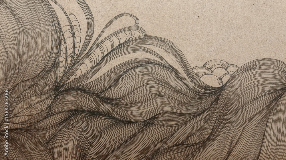 Poster intricate line drawing of flowing forms on a textured surface.