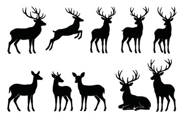 Deer Silhouette Vector Set - Black Wildlife Icons Collection on White Background