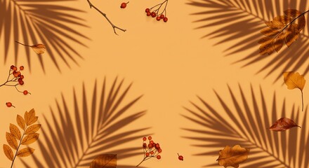 Autumn leaves and shadows on orange background