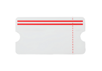 An isolated white raffle ticket with red stripes and a dashed line is ready for your event or promotion on a black background.