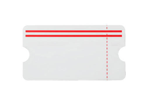 An isolated white raffle ticket with red stripes and a dashed line is ready for your event or promotion on a black background.