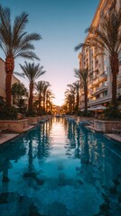 Luxury resort poolside at sunset with palm trees and elegant architecture