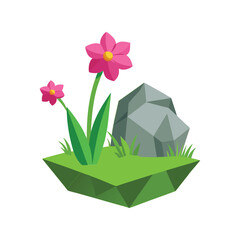 Floating Isometric Island with Flower & Rock - Nature Landscape Vector
