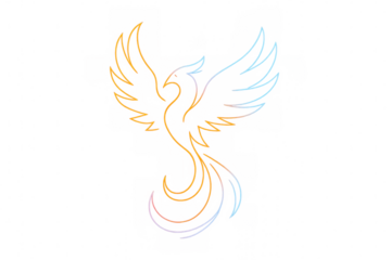 Stylized phoenix bird with spread wings, rising from ashes, embodying rebirth and renewal, on transparent background