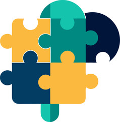 Flat colourful puzzle pieces forming brain, infographic style, corporate colours (navy + gold + teal) with white background.