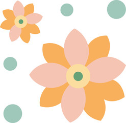 Abstract geometric flowers with polka dot centres, flat colours (pastel yellow + coral), seamless pattern with white background.
