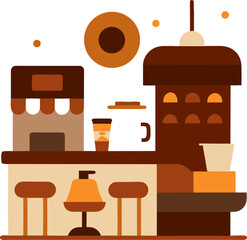 Flat design coffee shop scene with abstract furniture, warm earthy tones (brown + cream + brick red) with white background.
