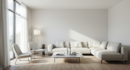 Modern, minimalist living room with large windows and a light beige sectional sofa.