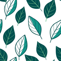 Obraz premium Seamless hand-drawn leaves pattern with line art, forest green + cream, eco-friendly design with white background.