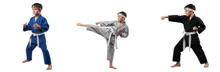 Young Boys Practicing Martial Arts Kicks and Punches in Various Uniform Colors, Showing Dedication