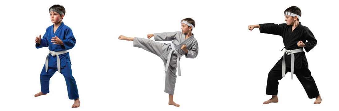 Young Boys Practicing Martial Arts Kicks and Punches in Various Uniform Colors, Showing Dedication