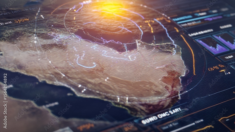 Poster High-Tech Digital Map Display Showing Solar Storm Data Over Earth with Augmented Reality Elements and Data Graphs for Scientific Analysis