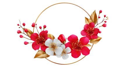 Floral Circle: A delicate circle of vibrant red and white blossoms, adorned with intricate gold leaves and branches, creates an enchanting and elegant floral frame.