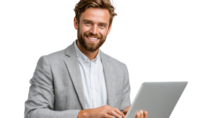 Smiling businessman with laptop: A friendly and approachable businessman smiles warmly as he works on his laptop. He exudes confidence and success.