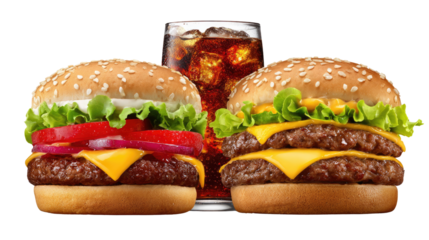Savory Feast: An appetizing array of classic hamburgers and a refreshing cold beverage, perfect for satisfying cravings.