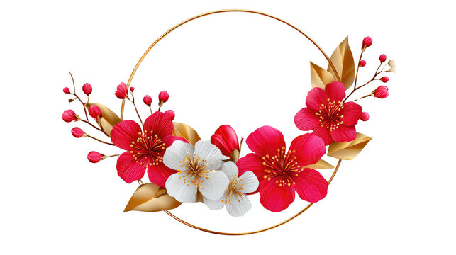 Floral Circle: A delicate circle of vibrant red and white blossoms, adorned with intricate gold leaves and branches, creates an enchanting and elegant floral frame.