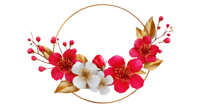 Floral Circle: A delicate circle of vibrant red and white blossoms, adorned with intricate gold leaves and branches, creates an enchanting and elegant floral frame.