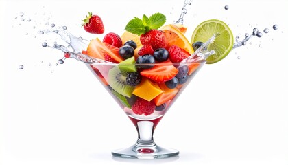 fresh fruits falling into cocktail glass, splashing on white background.