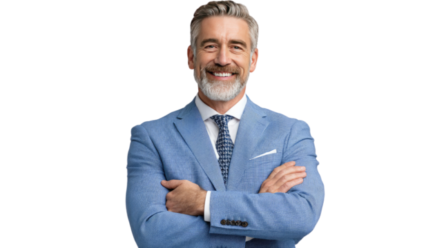 Confident Businessman: A sophisticated silver-haired entrepreneur smiles radiantly, radiating confidence and competence in a light blue business suit, isolated.