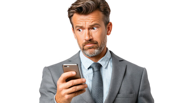 Puzzled Glance: A sharp businessperson, smartly attired, is engrossed with a smartphone, revealing a mix of confusion and concentration.