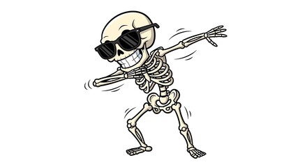Obraz premium Cartoon skeleton with sunglasses dabbing on a white background in a playful illustration style