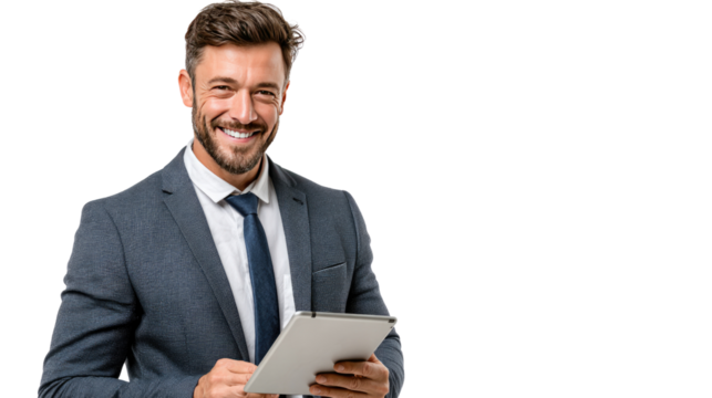 Smiling Executive with Tablet: A confident businessman in a suit smiles while holding a tablet, embodying success and modernity.
