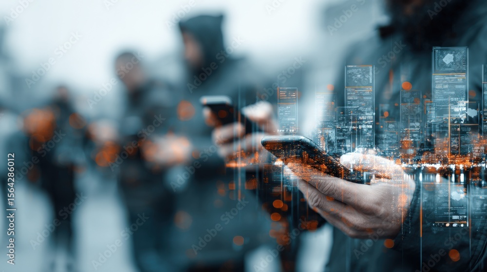Aufkleber Advanced digital technology concept with people using smartphones in an urban environment with holographic data displays and glowing cityscape background
