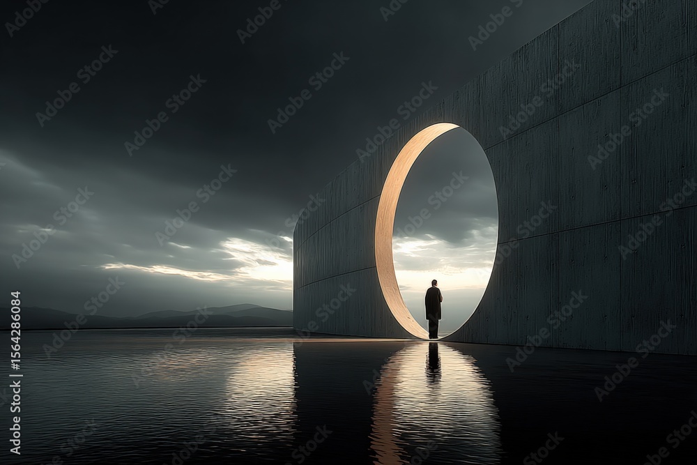 Poster Architectural structure with large circular opening in a modern minimalist design against cloudy sky reflection at dusk