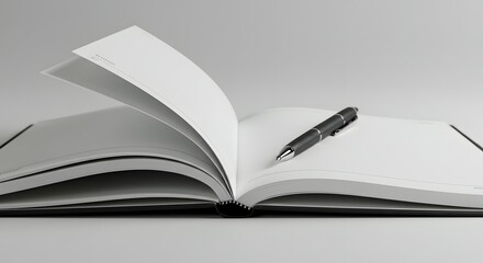 Naklejka premium Open Notebook with Pen on Blank Pages, Ready for Writing, Learning, or Planning in a Clean, Minimalist Setting