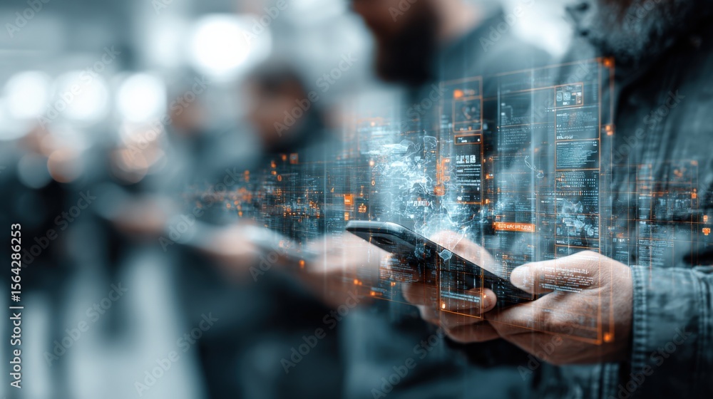 Poster Modern businessman using smartphone with digital city map and data visualization overlay in a busy urban environment