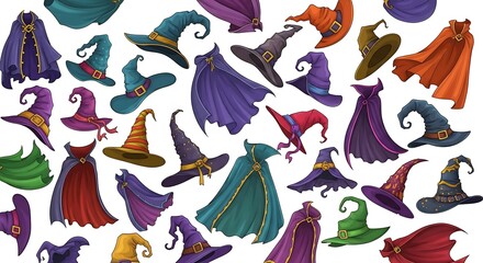Obraz premium An assortment of colorful cartoon witch hats and capes scattered on a white background surface view