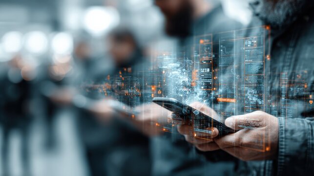 Modern businessman using smartphone with digital city map and data visualization overlay in a busy urban environment