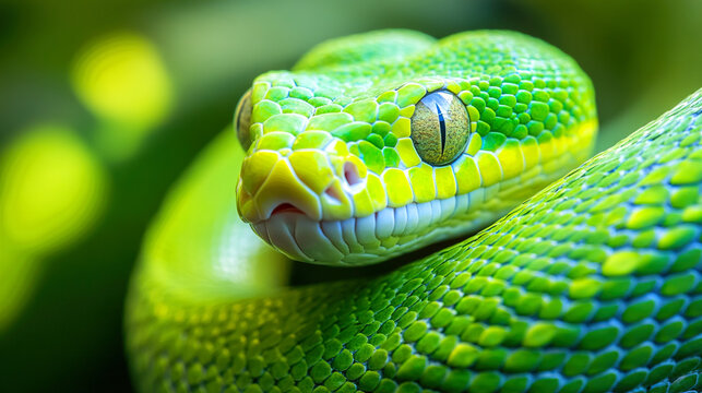 Vibrant close up portrait of a green tree python snake in its natural habitat