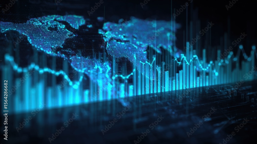 Aufkleber Digital data visualization with glowing blue graphs and futuristic worldwide digital map for technology and analytics concepts