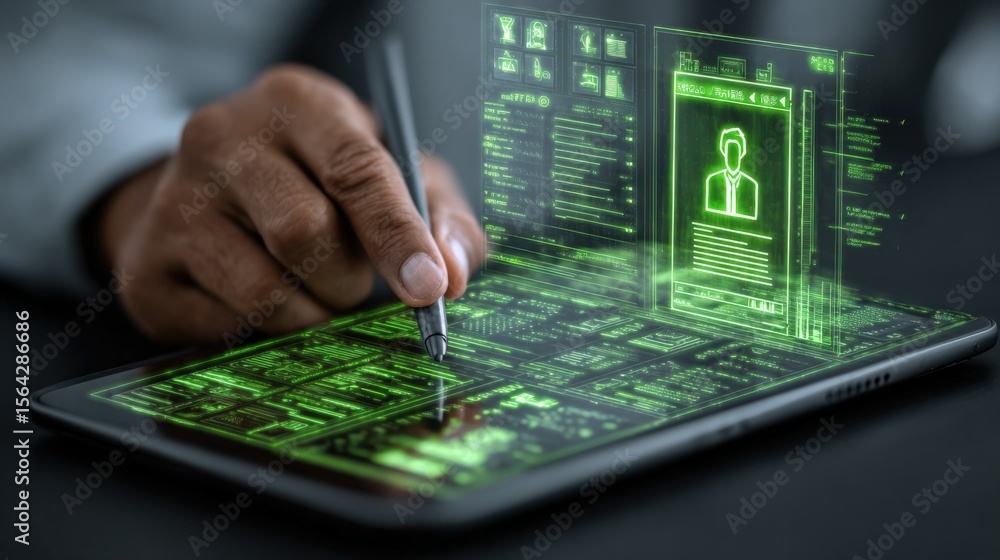 Poster Advanced digital biometric security interface on a futuristic tablet with holographic user profile and data protection technology