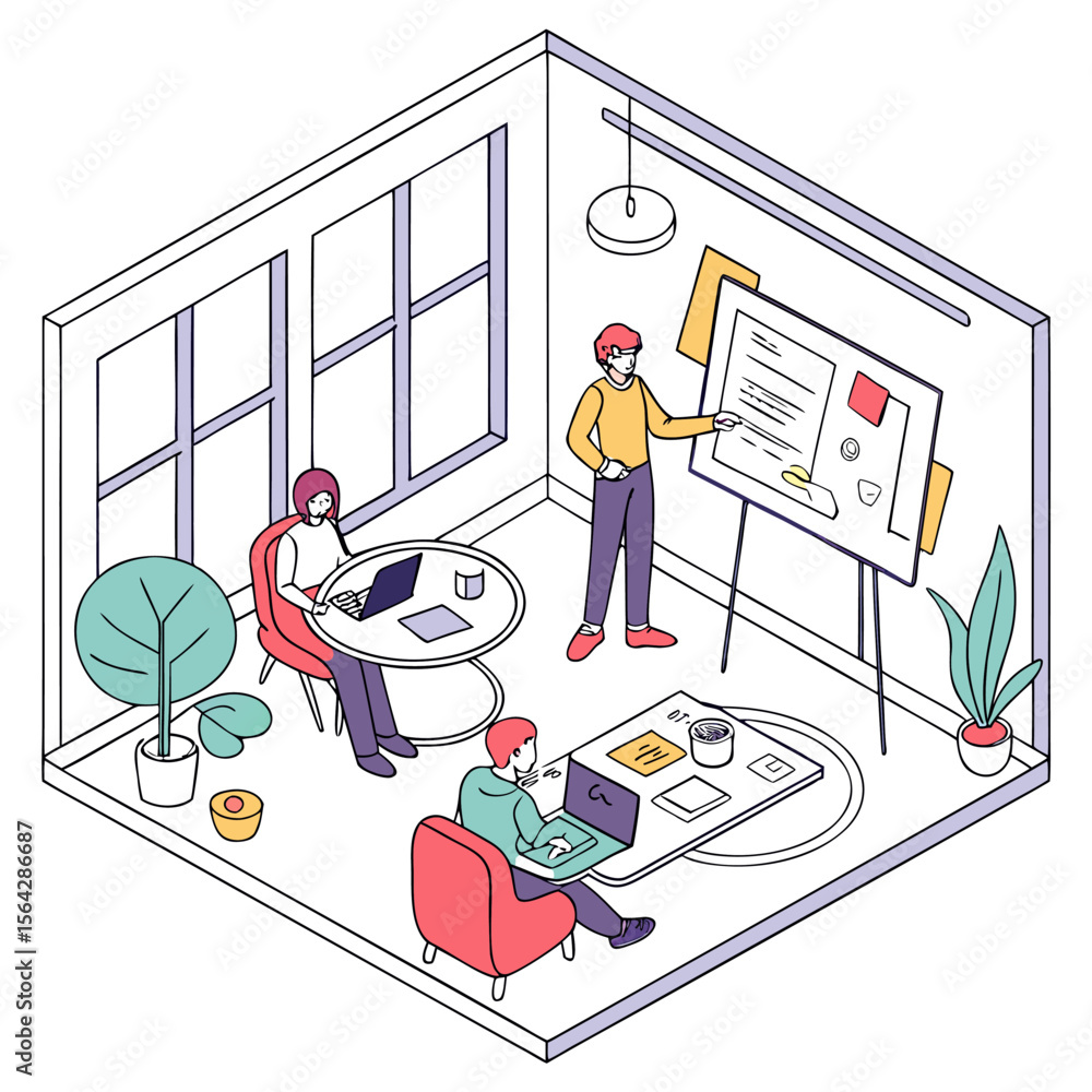 Poster modern isometric illustration of a collaborative workspace where a team of three people are engaged 