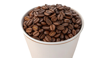 Fototapeta premium A close-up of roasted brown coffee beans in a white cup, isolated on a white background, perfect for a morning drink or espresso