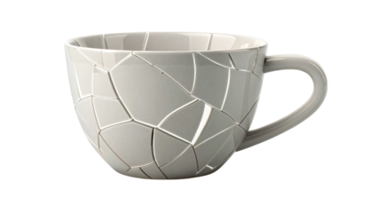 Broken white ceramic coffee mug, isolated and empty