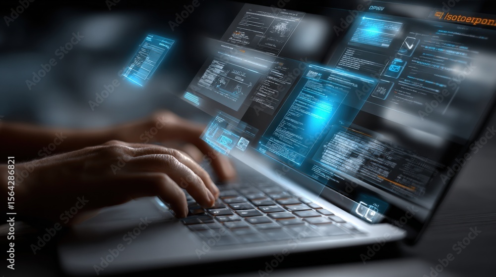 Poster Modern digital tablet displaying complex futuristic holographic data interfaces with hands typing in a high-tech environment