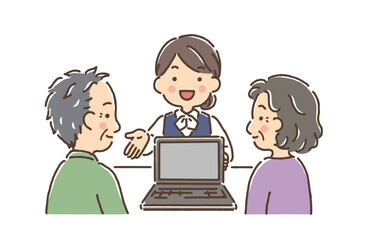 高齢の夫婦にパソコン画面を見せながら説明をする事務服の女性