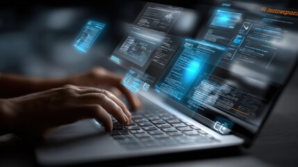 Modern digital tablet displaying complex futuristic holographic data interfaces with hands typing in a high-tech environment