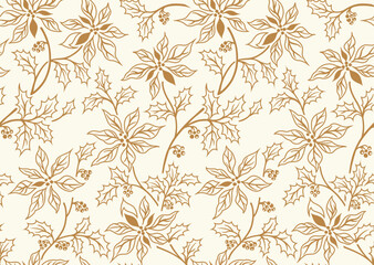 Gold Poinsettia Seamless Pattern on Ivory Background- Christmas Poinsettia Vector Illustration