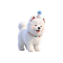 Adorable White Puppy Wearing a Birthday Party Hat and Collar