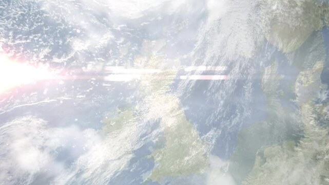 Earth zoom in from space and focus on Kirkcaldy, Scotland, Fife, Great Britain. Background for travel intro or blog. Satellite view. 3D style Animation. Images from NASA.